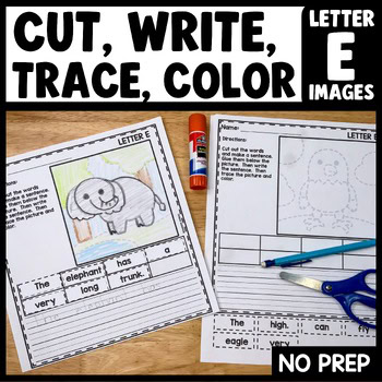 Cut and paste sentences tracing pictures packet for letter E – printable worksheet activity