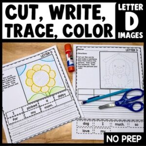 Cut and paste sentences tracing pictures packet for letter D – printable kindergarten writing activity