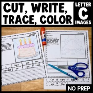 Cut and paste sentence activity with letter C tracing pictures for kindergarten writing practice