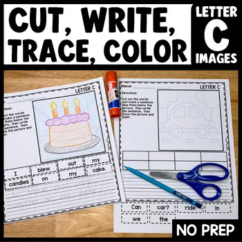 Cut and paste sentence activity with letter C tracing pictures for kindergarten writing practice