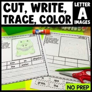 Cut and paste sentence building worksheet with letter A tracing pictures for kindergarten writing practice