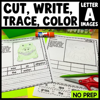 Cut and paste sentence building worksheet with letter A tracing pictures for kindergarten writing practice