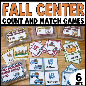 Fall autumn counting center matching numbers to quantities 0-20 math activity cards for kids