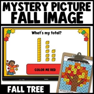 Fall autumn mystery picture math game place value to 100 worksheets featuring a colorful tree with falling leaves