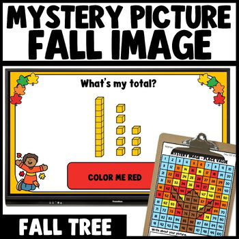 Fall autumn mystery picture math game place value to 100 worksheets featuring a colorful tree with falling leaves