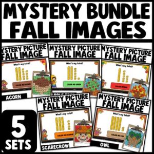 Fall autumn mystery picture math game place value to 100 worksheets bundle thumbnail
