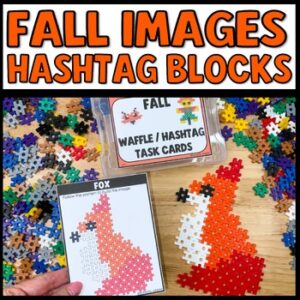 Fall themed hashtag block task cards for STEM soft start morning activities with waffle blocks