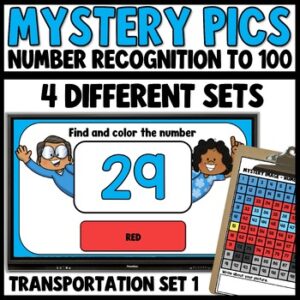 Number chart to 100 mystery picture transportation worksheet with ambulance, car, fire truck, helicopter