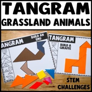 Tangram puzzles printable grassland animals STEM activities for kids with life-like animal mats