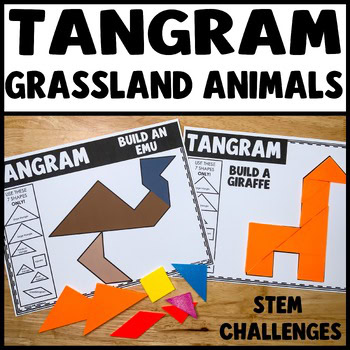 Tangram puzzles printable grassland animals STEM activities for kids with life-like animal mats
