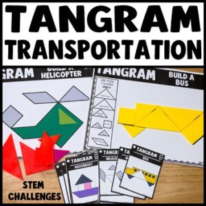Tangram transportation puzzles printable STEM activity mats for kids with life-like vehicle images