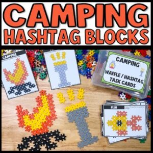 Camping hashtag blocks task cards for STEM soft start morning activities with waffle block designs