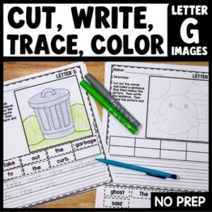 Cut and paste sentence building worksheet with letter G tracing pictures for kindergarten writing practice