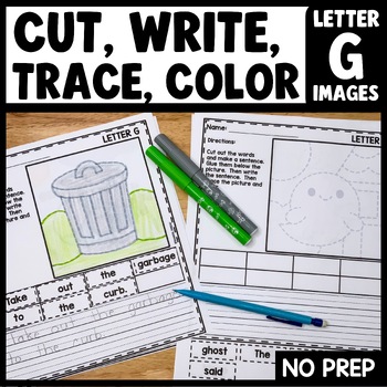 Cut and paste sentence building worksheet with letter G tracing pictures for kindergarten writing practice