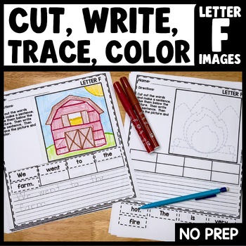 Cut and paste sentences tracing pictures packet for letter F – printable worksheet activity