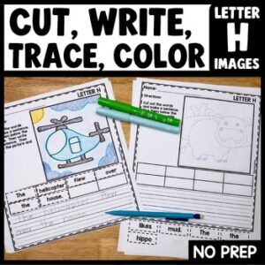 Cut and paste sentence activity with letter H tracing pictures for kindergarten writing practice