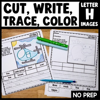 Cut and paste sentence activity with letter H tracing pictures for kindergarten writing practice