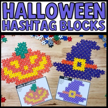 Halloween hashtag block task cards for STEM soft start morning activities with waffle blocks