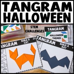 Halloween tangram puzzle printable activities with STEM challenge mats for kids