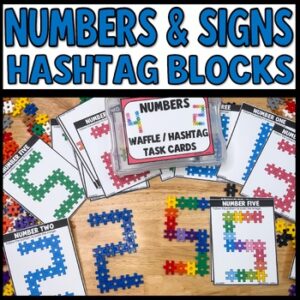 Numbers hashtag blocks waffle task cards for STEM soft start morning activities with interlocking blocks