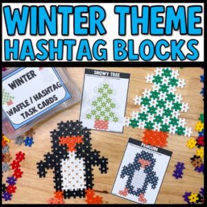Winter hashtag blocks task cards for STEM soft start morning activities with waffle block designs